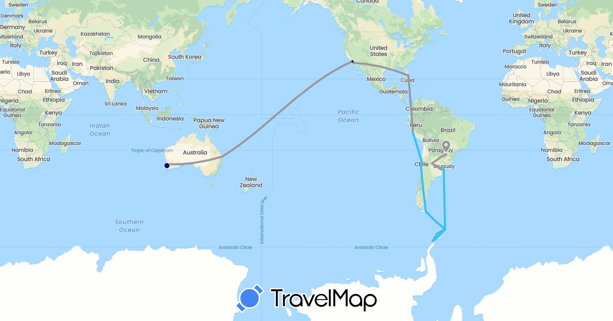 TravelMap itinerary: driving, plane, boat in Argentina, Australia, Chile, Peru, United States, Uruguay (North America, Oceania, South America)